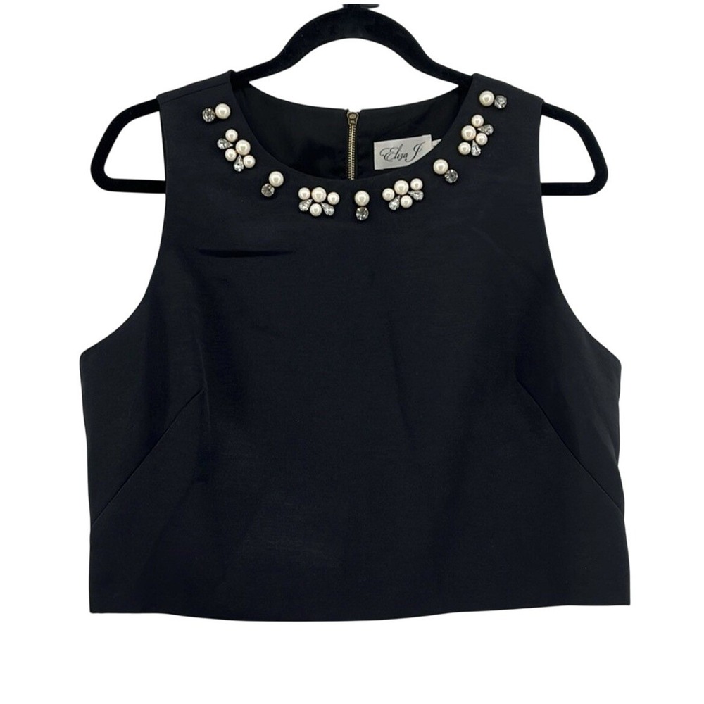 ELIZA J Women Black Crop Top Elegant‎ Pearl Embellishments Sleeveless Size 10
